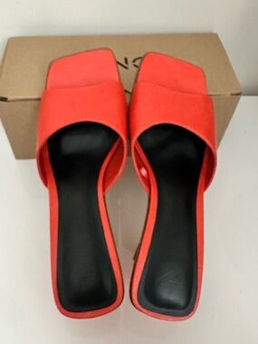 Mango Orange Square-Toe Open-Back Mid Heel
